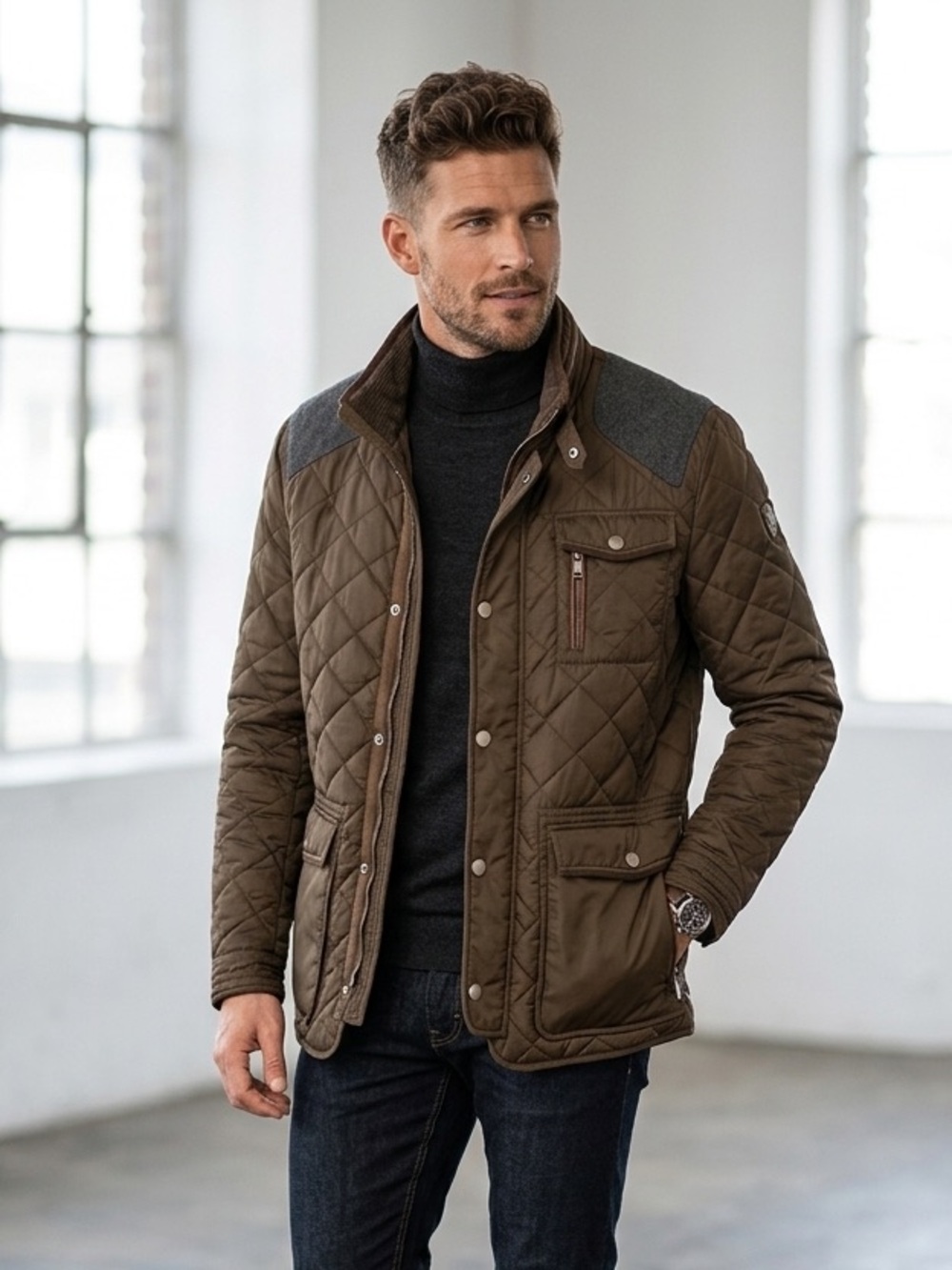 Handstitch Men’s Diamond Quilted Felid Jacket Wool Blend Shoulder Yolk Size EU54